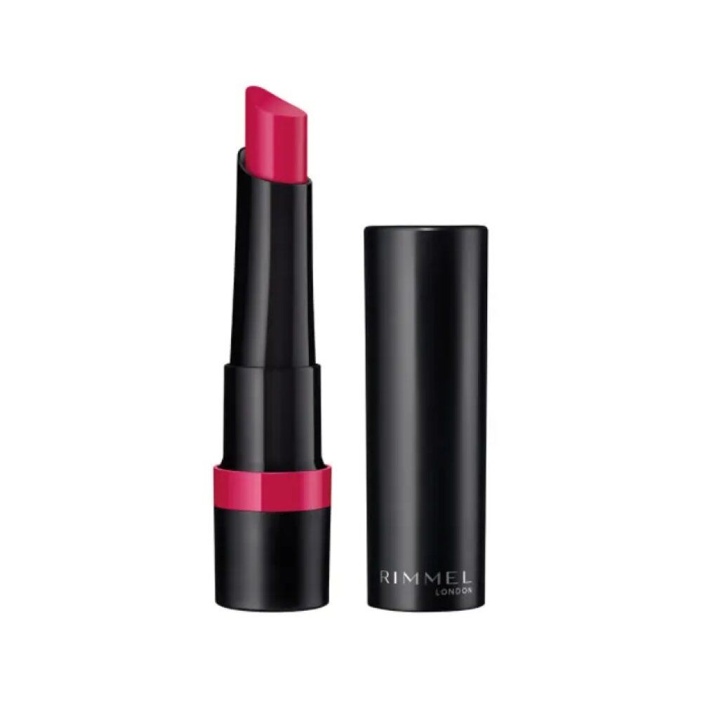 Rossetto rosa, astuccio nero. Logo Rimmel London. Aperto, stick e cappuccio affiancati. Punta rossetto rosa.