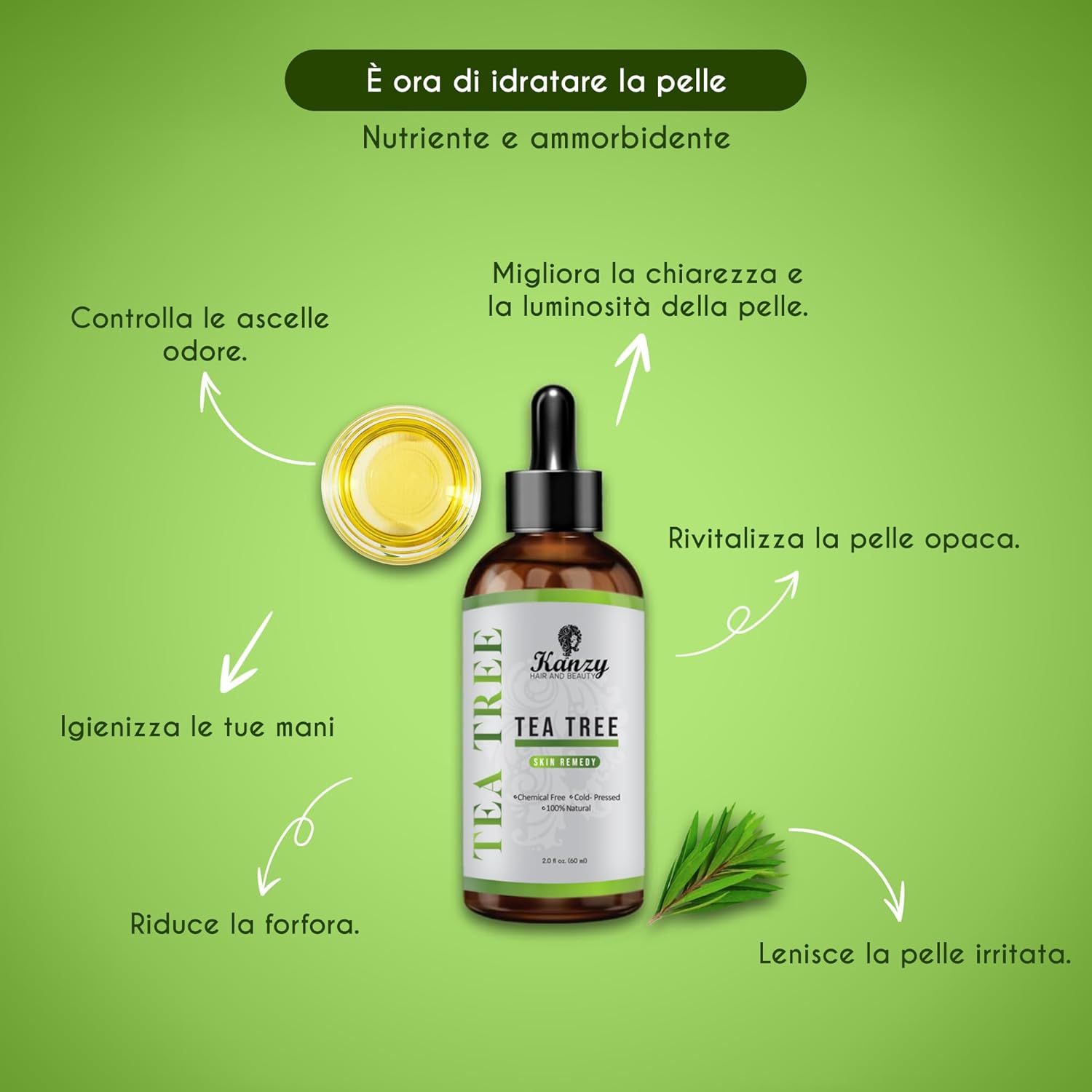 Flacone di vetro marrone Kanzy Tea Tree Oil con contagocce. Informazioni sul prodotto ed elementi verdi sull'etichetta.