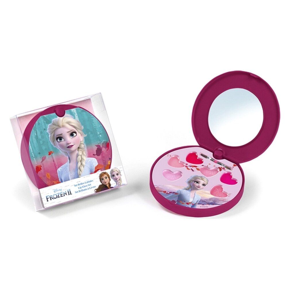 Contenitore cosmetico rotondo chiuso con motivo Frozen e immagine di Elsa. Accanto, un contenitore aperto con specchio e colori per labbra.
