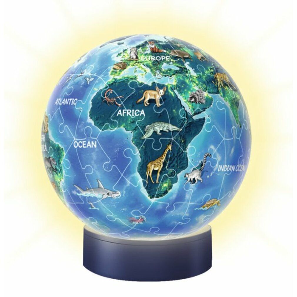 Puzzle globo Nachtlicht con animali. Globo illuminato su base. Pezzi del puzzle con continenti e oceani etichettati.