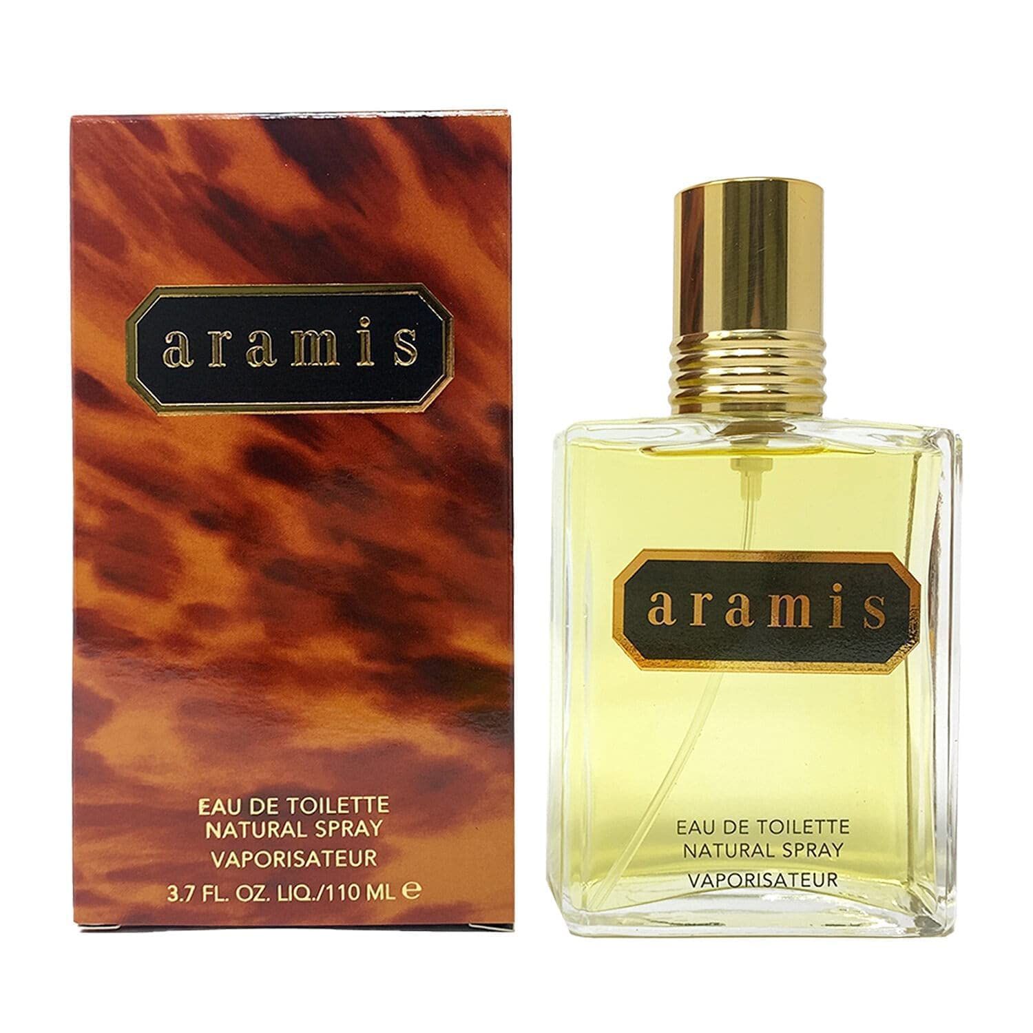 Aramis Classic Edt Spray. Flacone e scatola. Tappo dorato, flacone rettangolare, scatola marrone.
