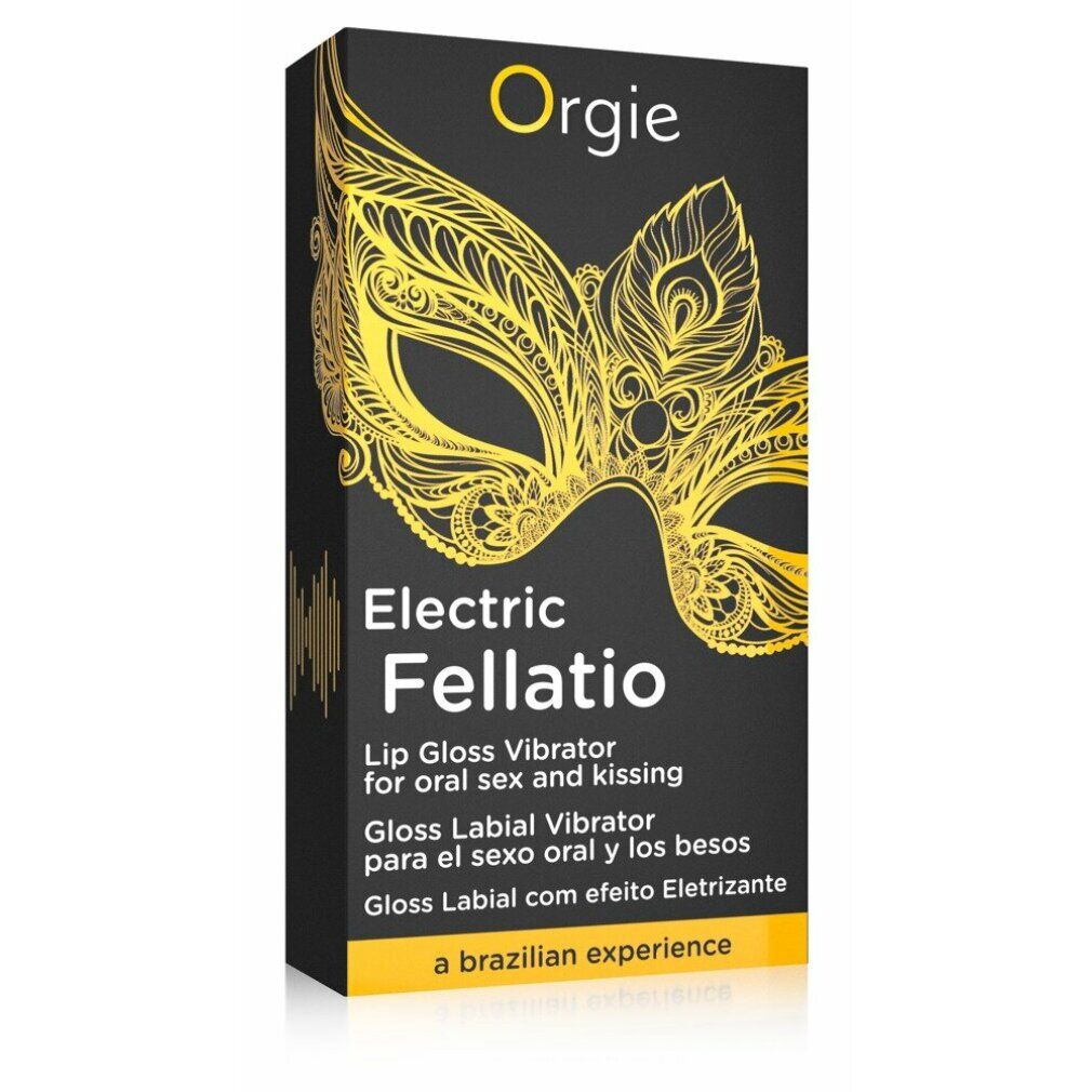 Confezione Orgie Electric Fellatio Lip Gloss Vibrator con motivo a maschera.
