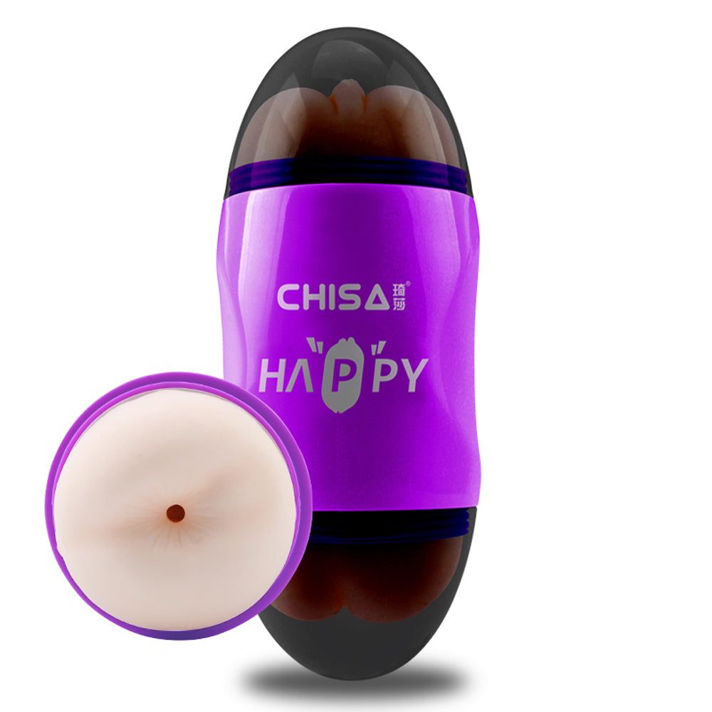 Prodotto viola e nero con scritta "CHISA HAPPY". Forma ovale. Elemento rotondo separato con apertura.