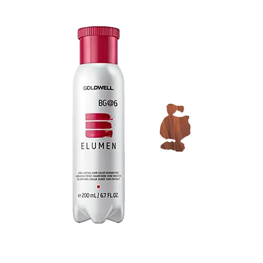 Goldwell Elumen, flacone con tappo rosso. Campione di colore accanto. Testo: BG@6, Elumen, 200ml/6.7 fl.oz.