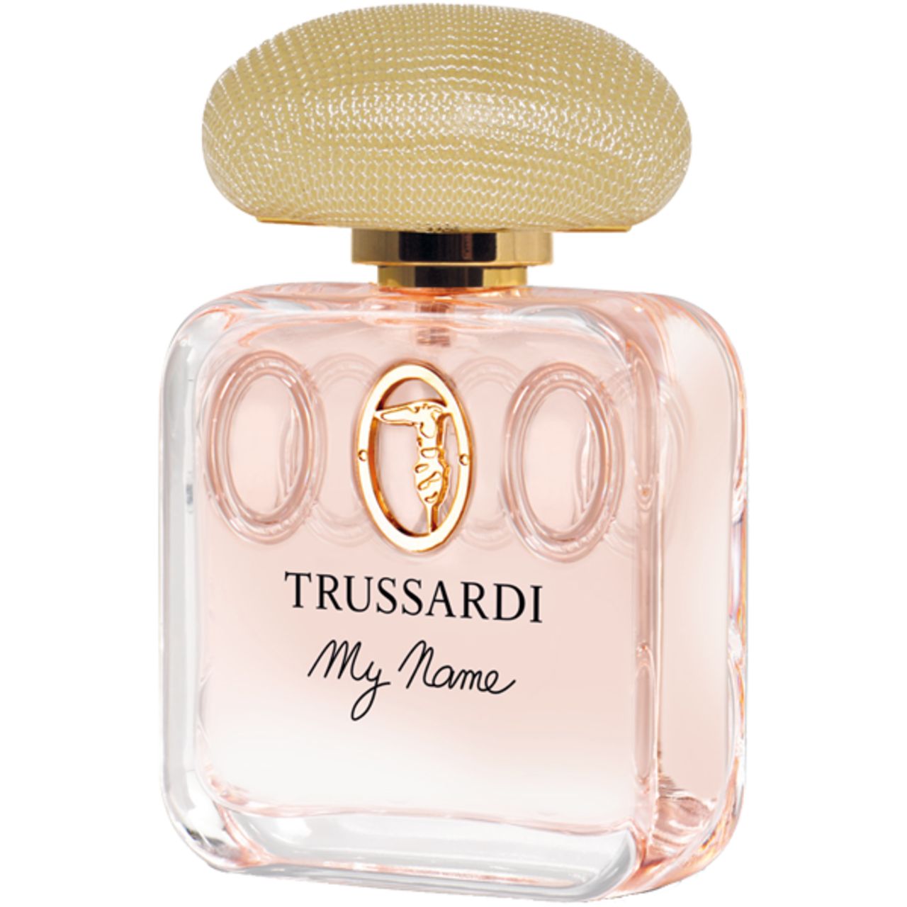 Flacone quadrato in vetro con tappo dorato. Scritta: Trussardi My Name. Liquido rosa visibile.