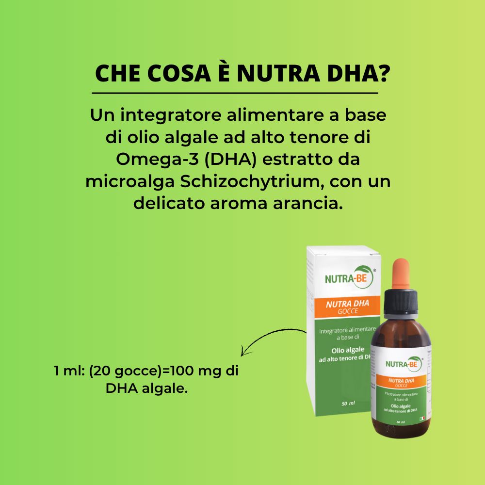 Flacone e confezione del prodotto con testo. Testo: Cos'è Nutra DHA? Un integratore alimentare a base di olio di alghe. 1 ml: (20 gocce) = 100 mg DHA.