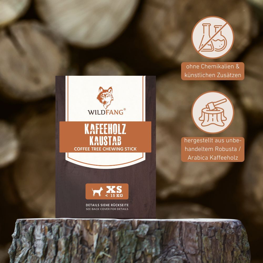Confezione con bastoncino masticabile in legno di caffè. Logo e nome del prodotto. Testo: XS < 15 KG. Icone: senza chimici, legno Robusta.