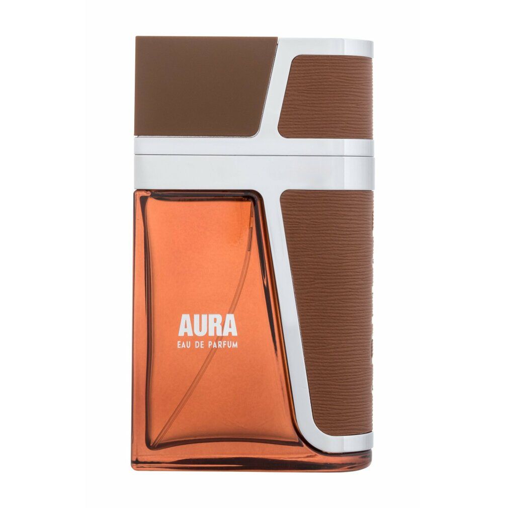 Flacone di profumo con dettagli marroni e argento. Scritta: AURA Eau de Parfum.