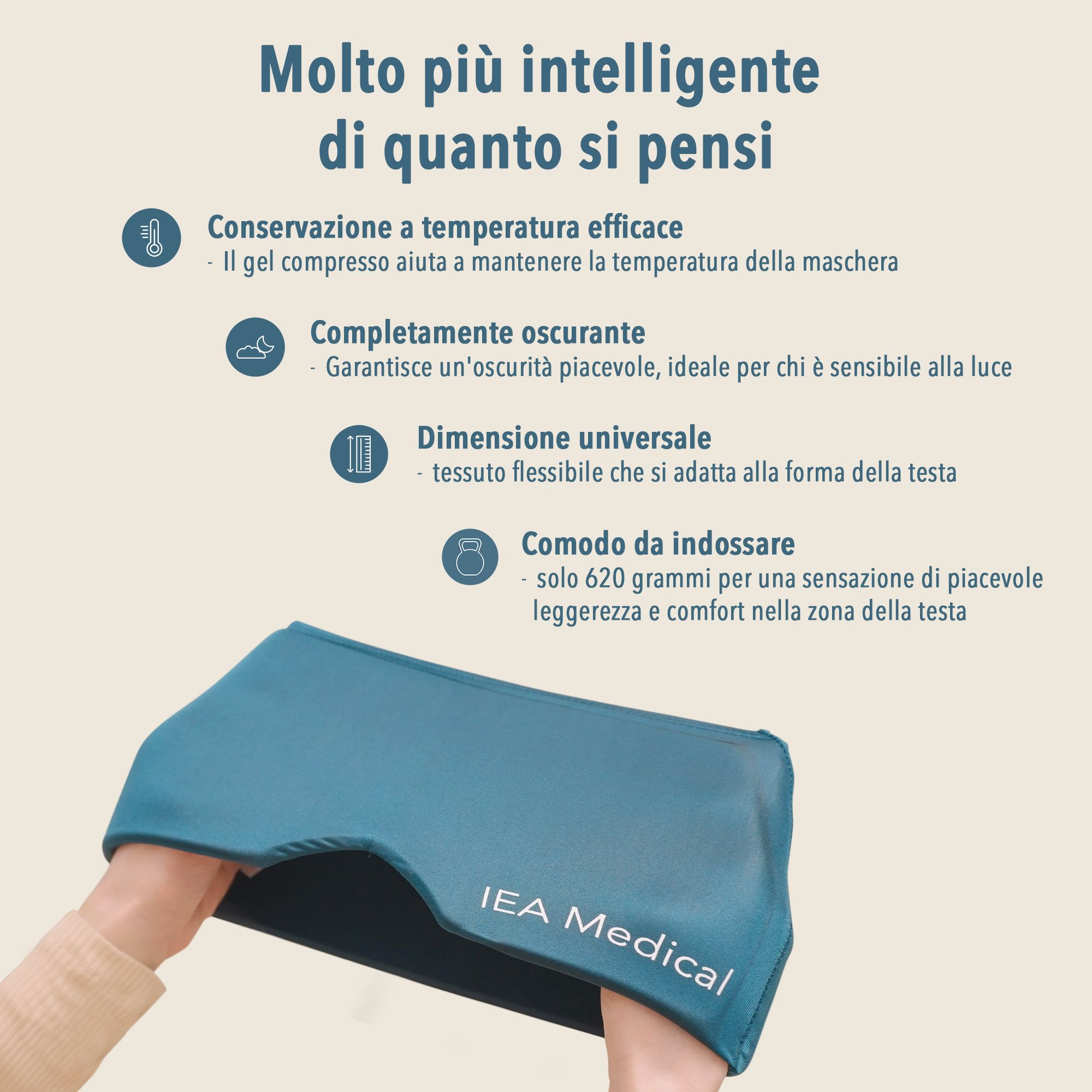 Mani che tengono una fascia blu. Testo: Molto più intelligente di quanto si pensi. Logo IEA Medical.