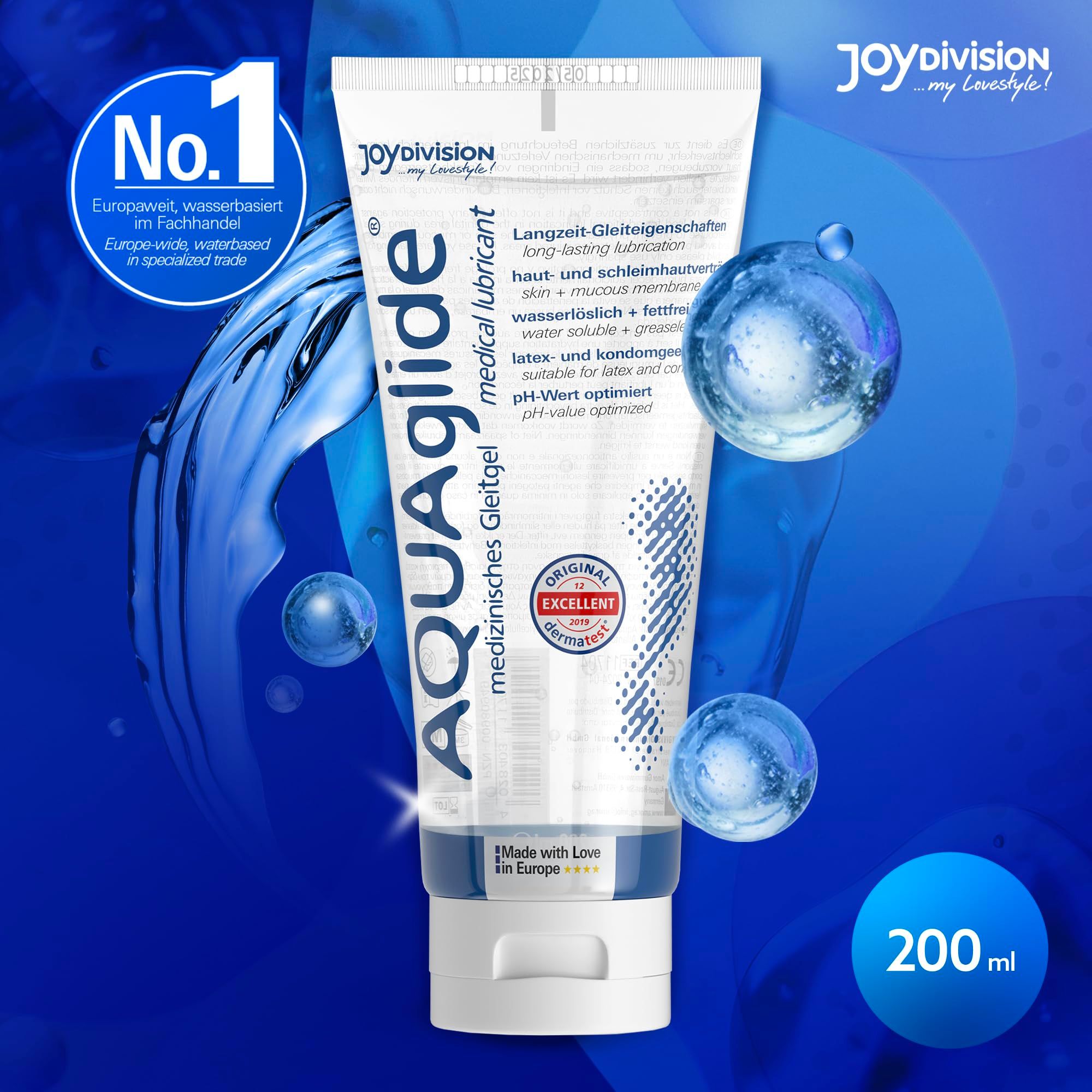 Tubo di gel lubrificante medicale AQUAglige con effetti d'acqua e indicazione 200ml.