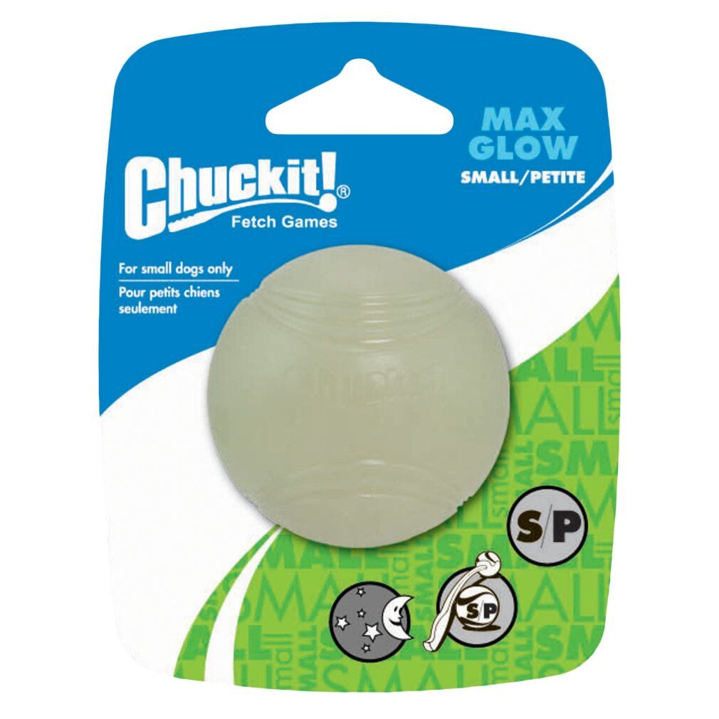 Chuckit! Max Glow Ball, small/petite, in confezione. Sfera verde brillante. Confezione blu con logo.