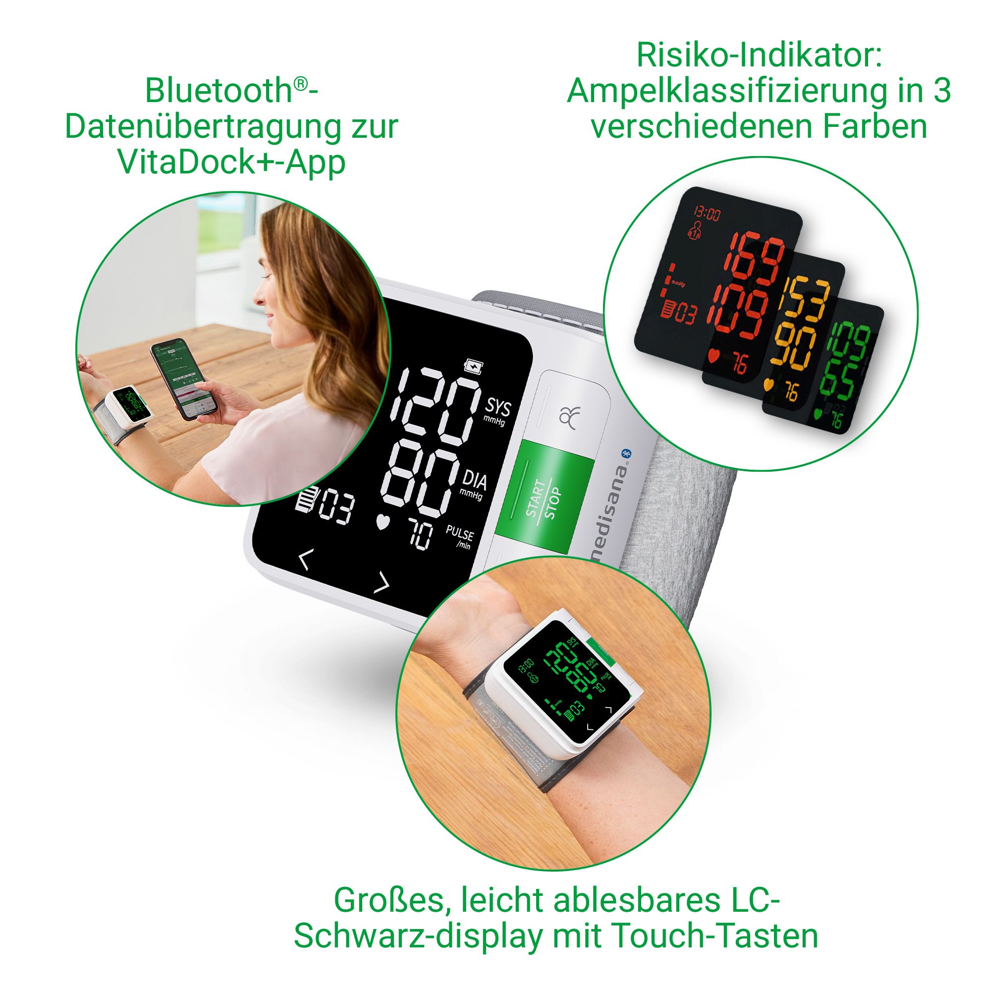 Misuratore di pressione con trasferimento Bluetooth, indicatore di rischio e tasti touch. Visualizzazione delle misurazioni.
