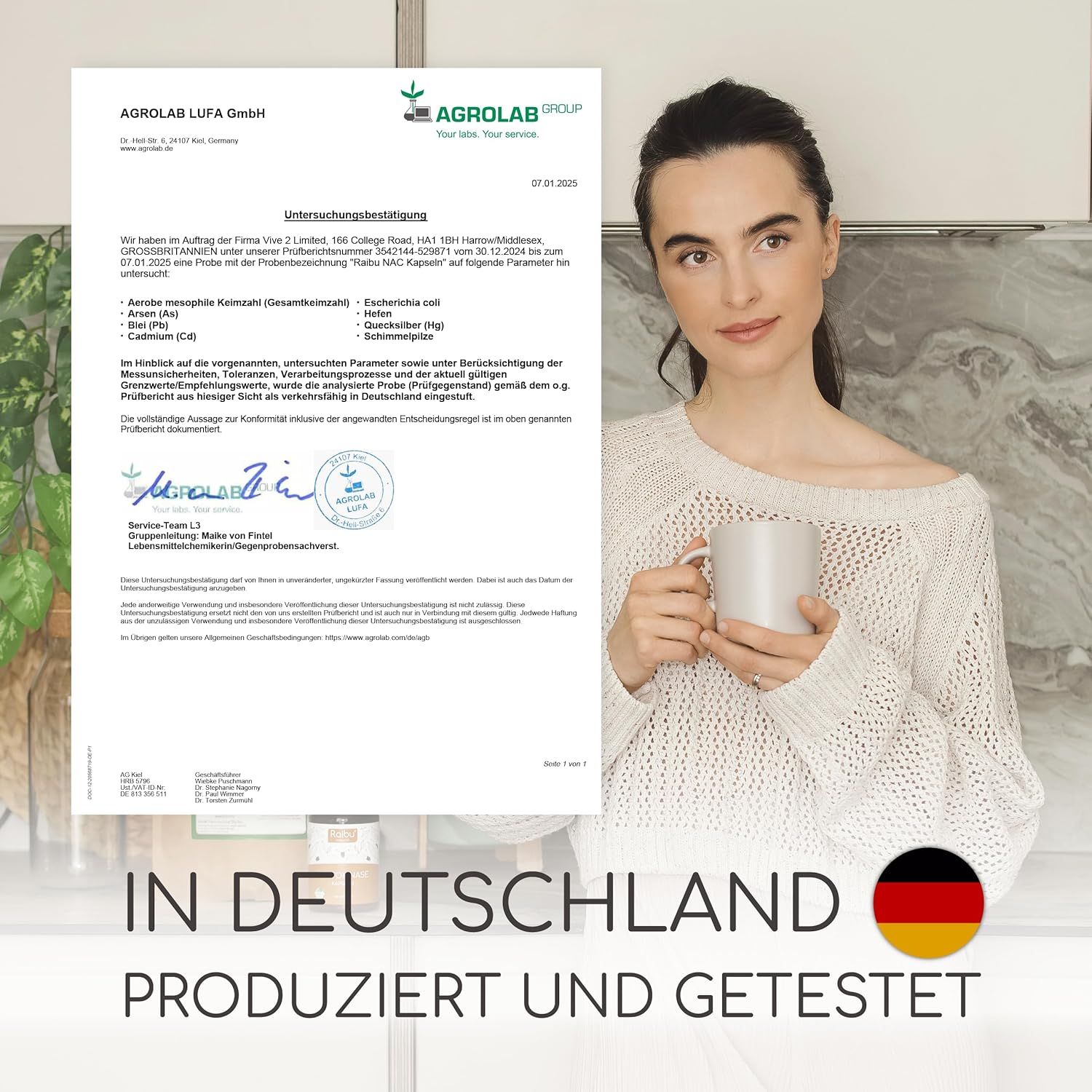 Certificato di Agrolab Lufa GmbH. Firme e timbri. Testo: Prodotto e testato in Germania.
