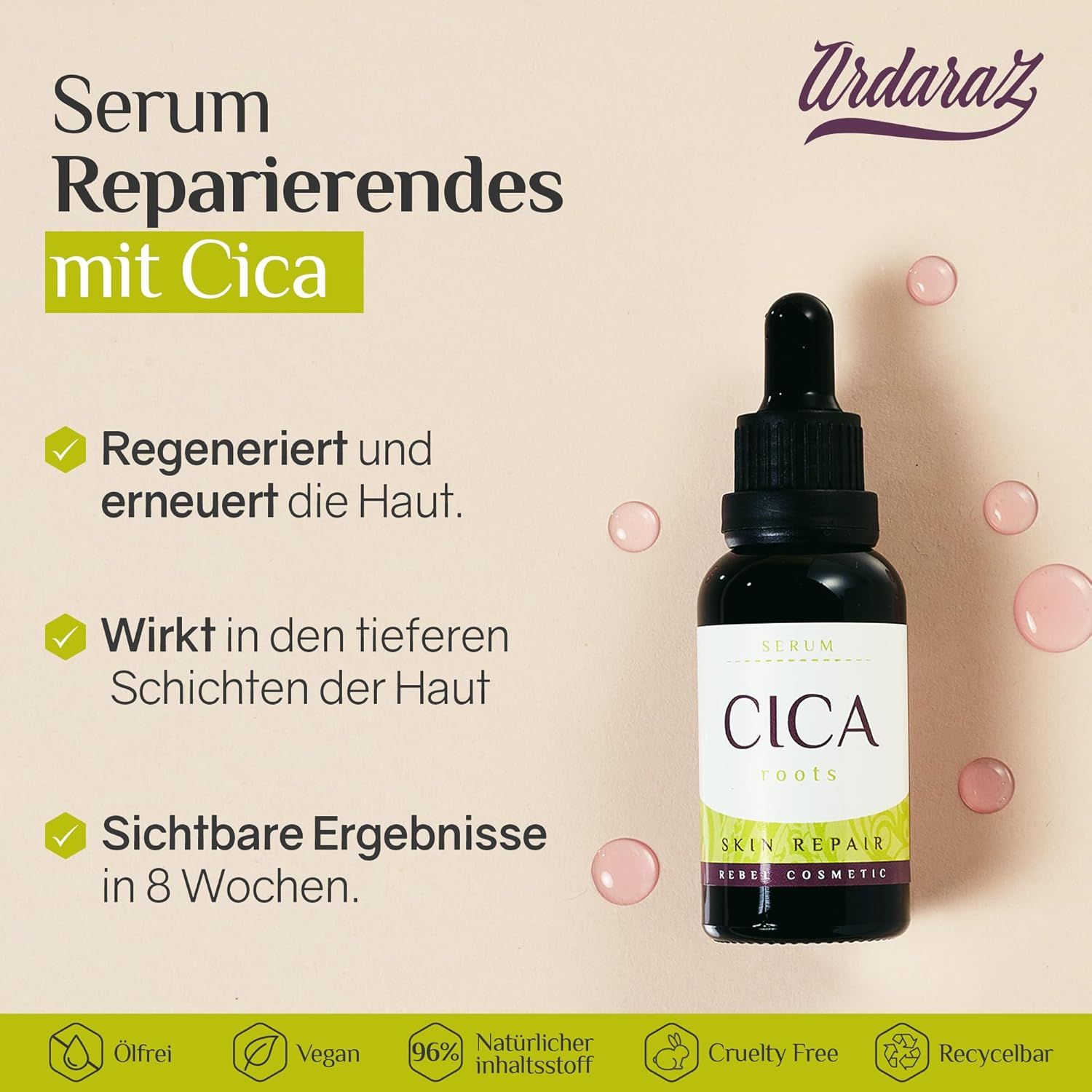 Flacone di siero con scritta CICA Roots. Testo: Rigenera, rinnova la pelle. Risultati visibili in 8 settimane.