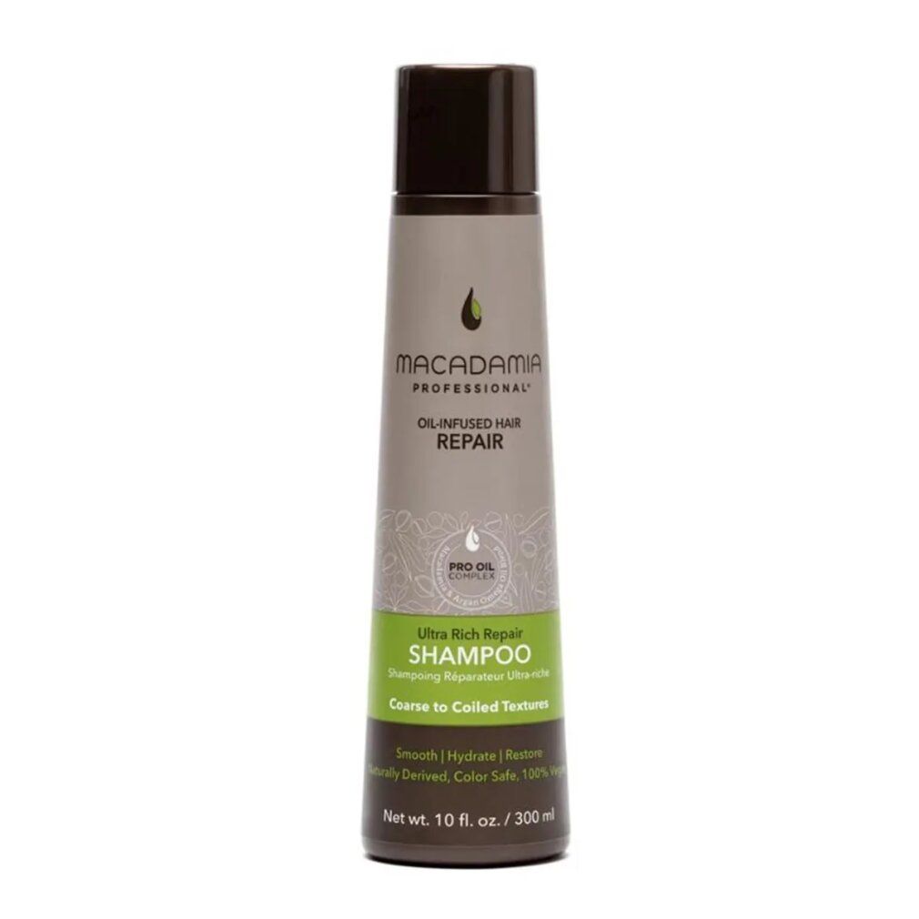 Flacone di shampoo cilindrico. Colore base grigio con accenti verdi e bianchi. Logo Macadamia Professional visibile.