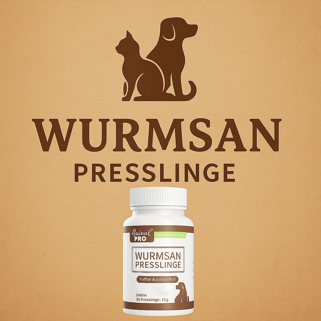 Sfondo marrone con silhouette gatto-cane. Scritta: Wurmsan Presslinge. Sotto, flacone bianco con etichetta marrone.