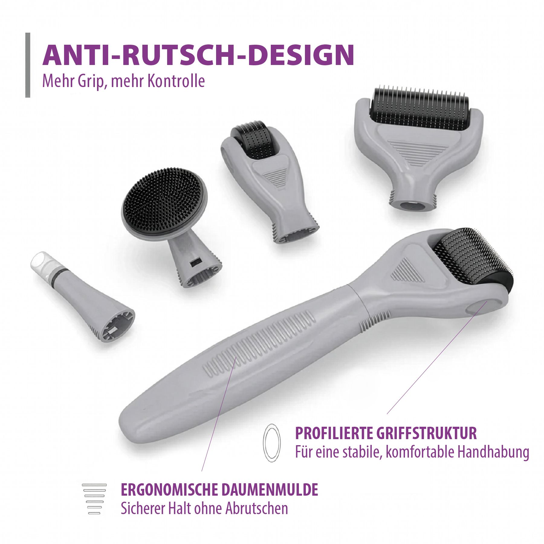 Accessori per microneedling grigi. Incavo ergonomico per il pollice. Struttura dell'impugnatura profilata. Testo: Design antiscivolo.