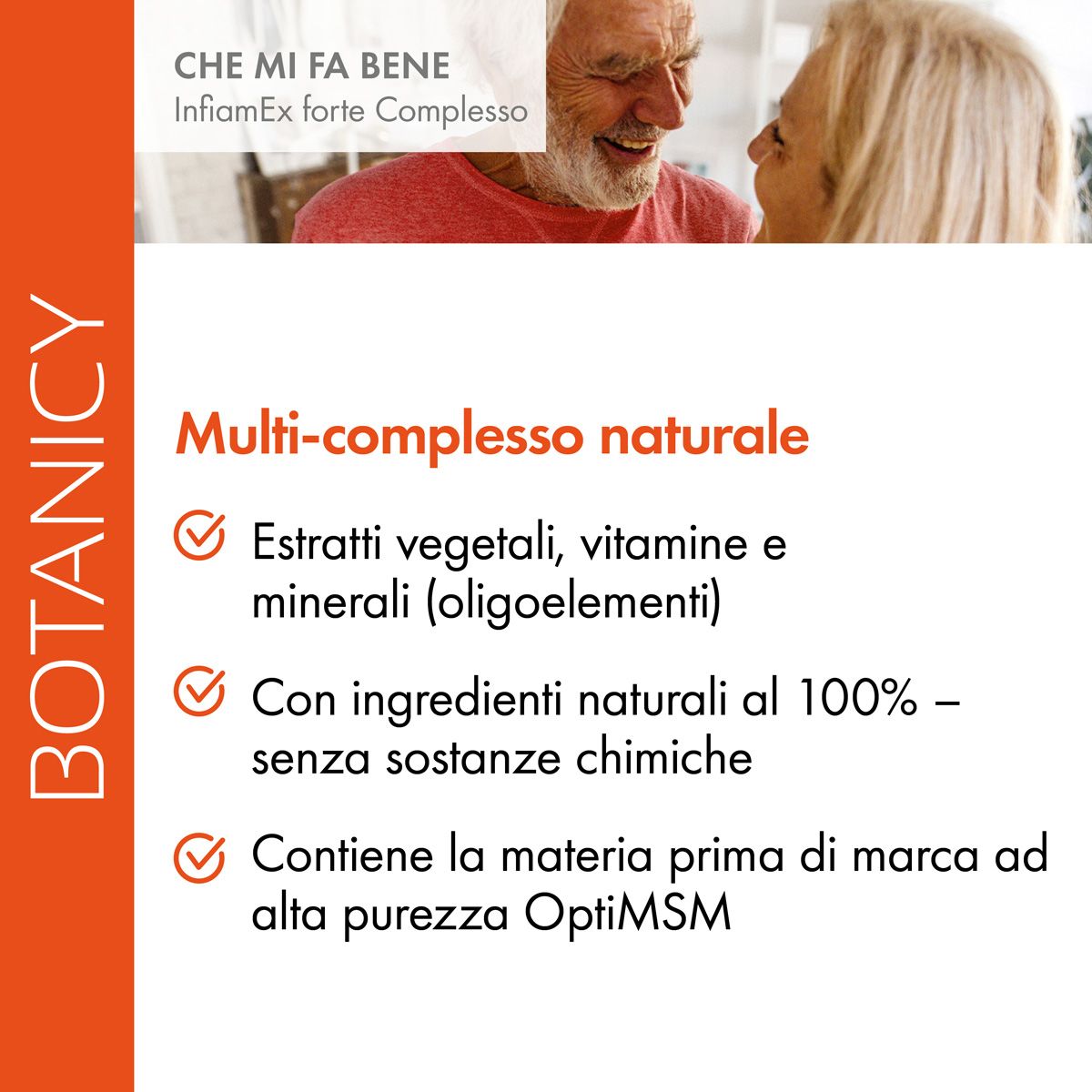 Infografica testuale. Titolo: Multi-complesso naturale. Elenco: estratti vegetali, vitamine, minerali. Ingredienti naturali al 100%.
