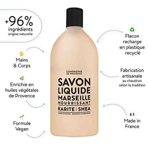 Flacone beige con tappo nero. Testo: SAVON LIQUIDE MARSEILLE NOURRISSANT KARITE | SHEA. +96% ingredienti di origine naturale.