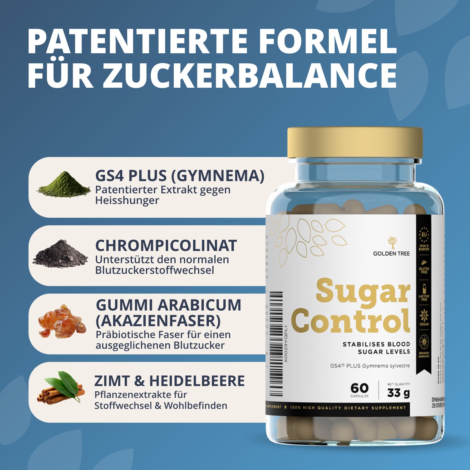 Capsule Golden Tree Sugar Control con panoramica degli ingredienti.