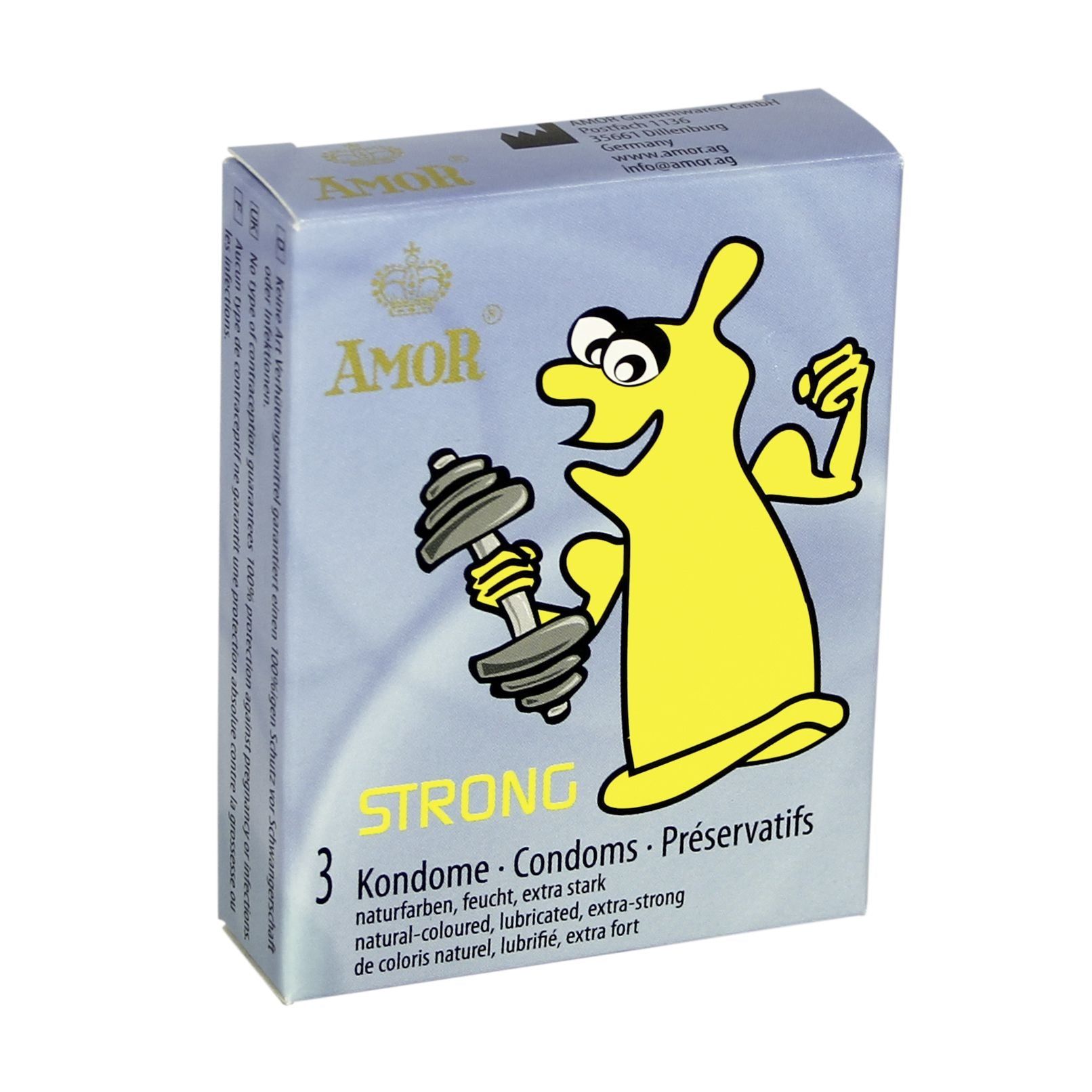 Scatola di preservativi AMOR STRONG. Preservativo giallo con manubrio. 3 pezzi. Testo: Preservativi.