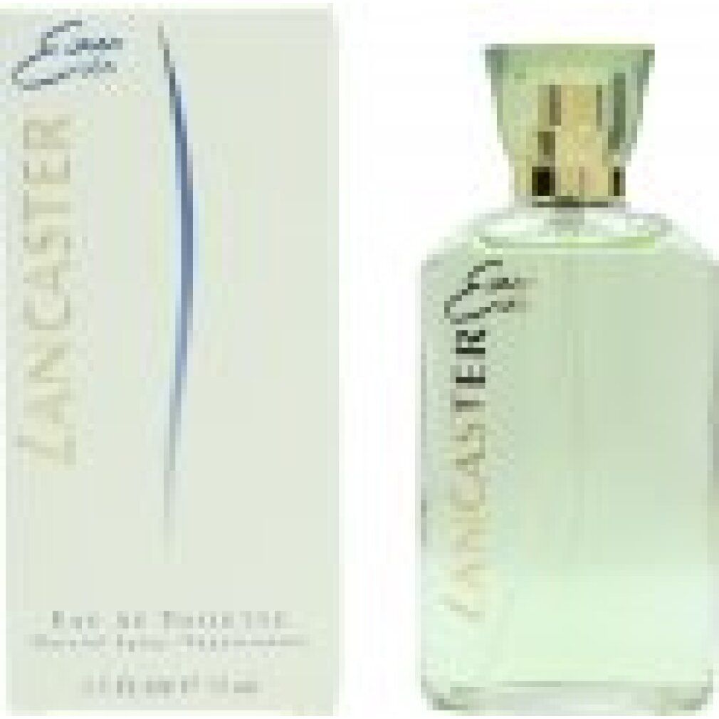 Flacone e scatola Lancaster Eau de Toilette. Liquido chiaro in bottiglia di vetro con tappo dorato. Scatola di cartone bianca con striscia blu verticale.