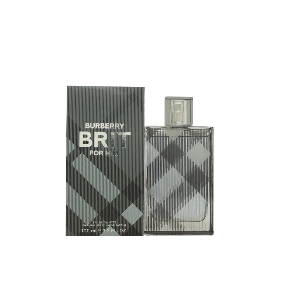 Burberry Brit for Him Eau de Toilette. Flacone e confezione a quadri. Flacone rettangolare con vaporizzatore.