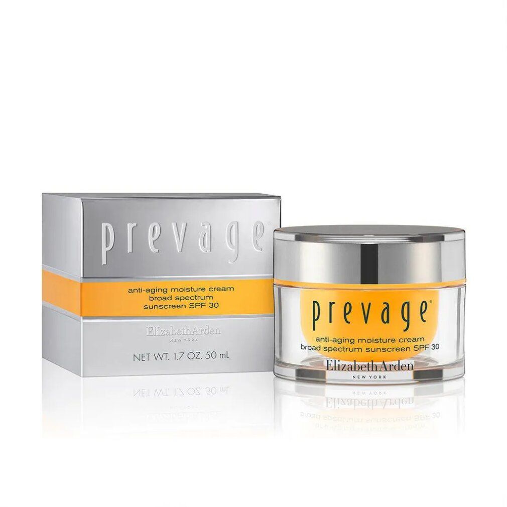 Vaso di crema e scatola. Scritte "prevage", "anti-aging moisture cream broad spectrum sunscreen SPF 30" e "Elizabeth Arden".