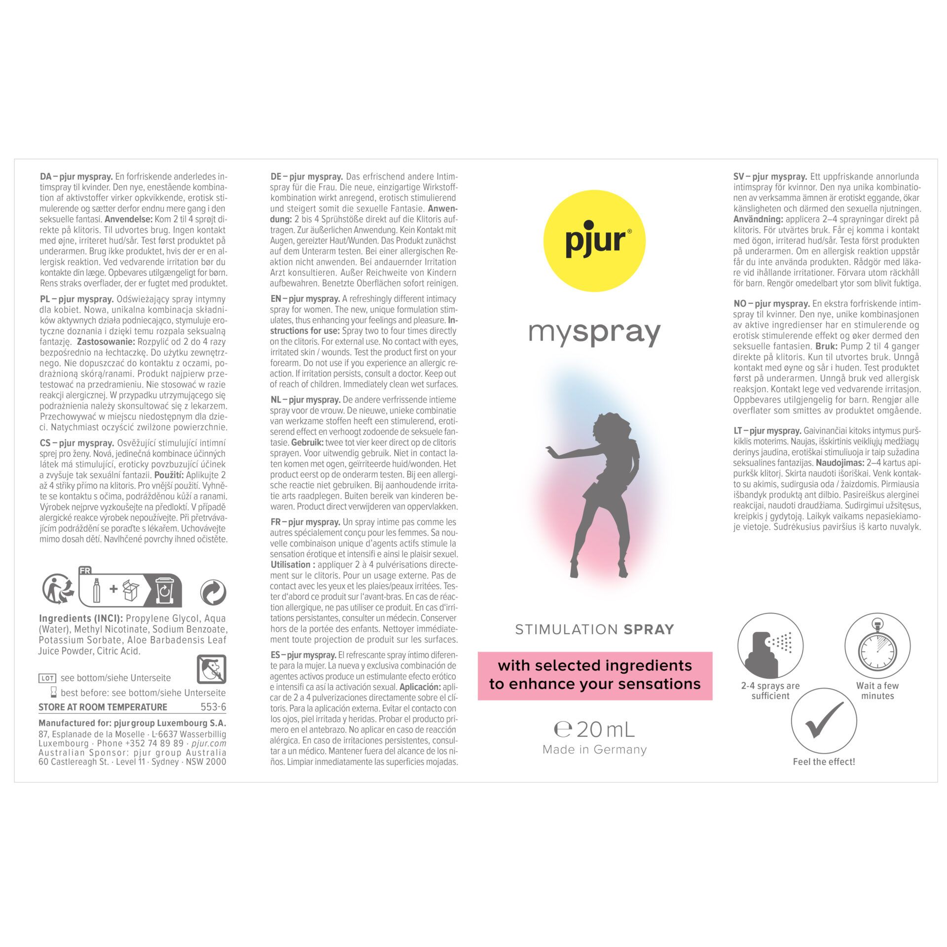 Retro della confezione pjur® myspray Spray stimolante con informazioni e icone del prodotto.