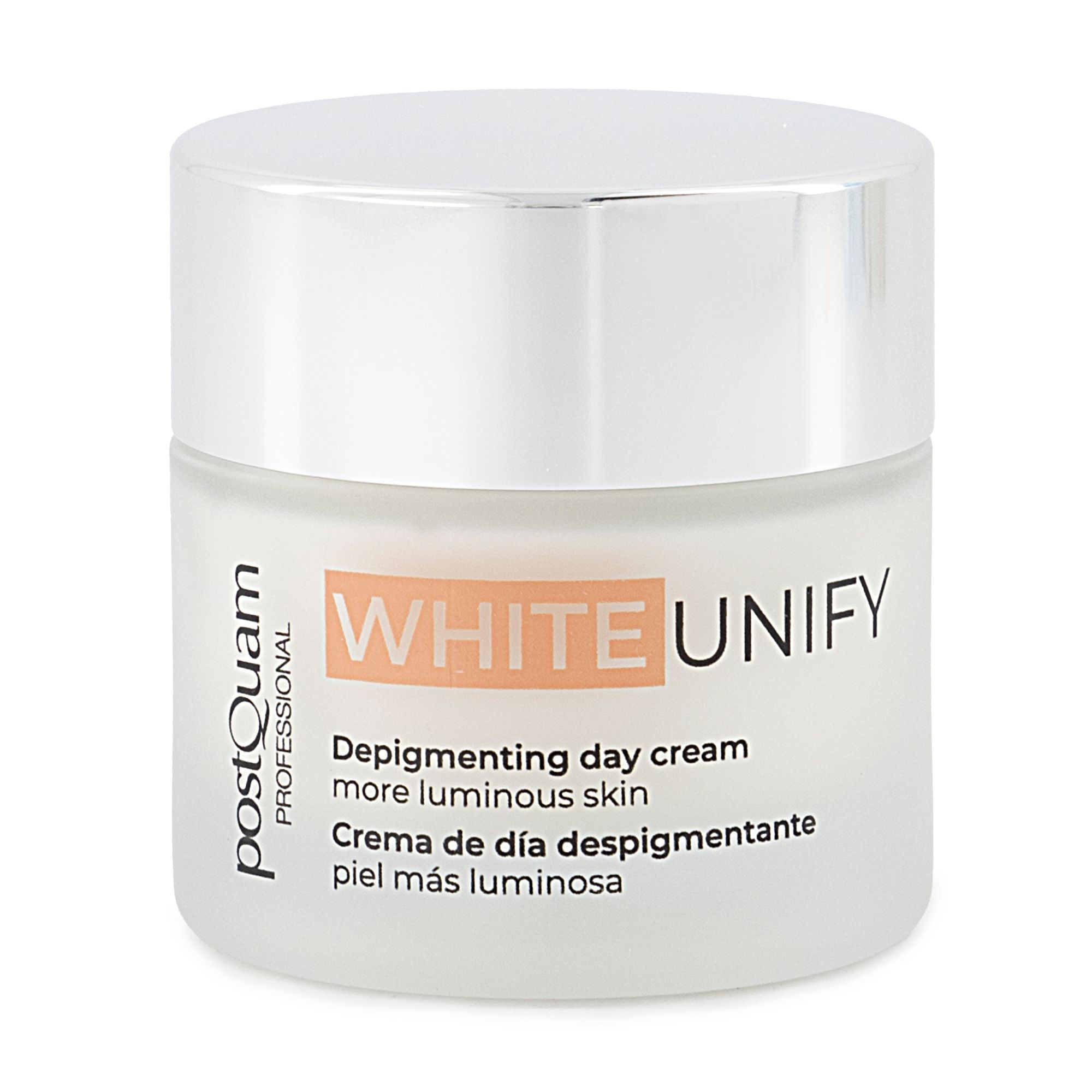 Vaso di crema con coperchio argentato. Scritta WHITE UNIFY, Depigmenting day cream, pelle più luminosa. Marchio Postquam.