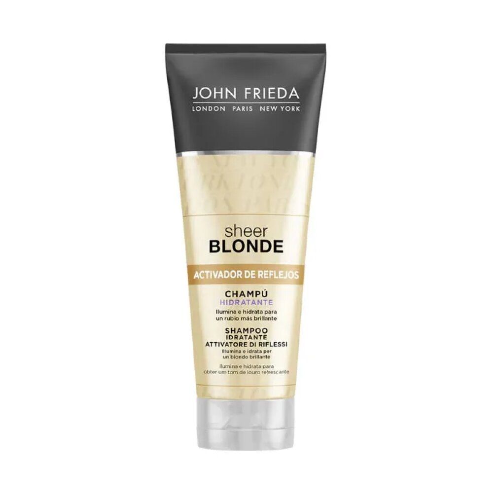 Tubo di shampoo John Frieda Sheer Blonde. Tappo nero, corpo dorato. Scritta: Activador de Reflejos Champú Hidratante.