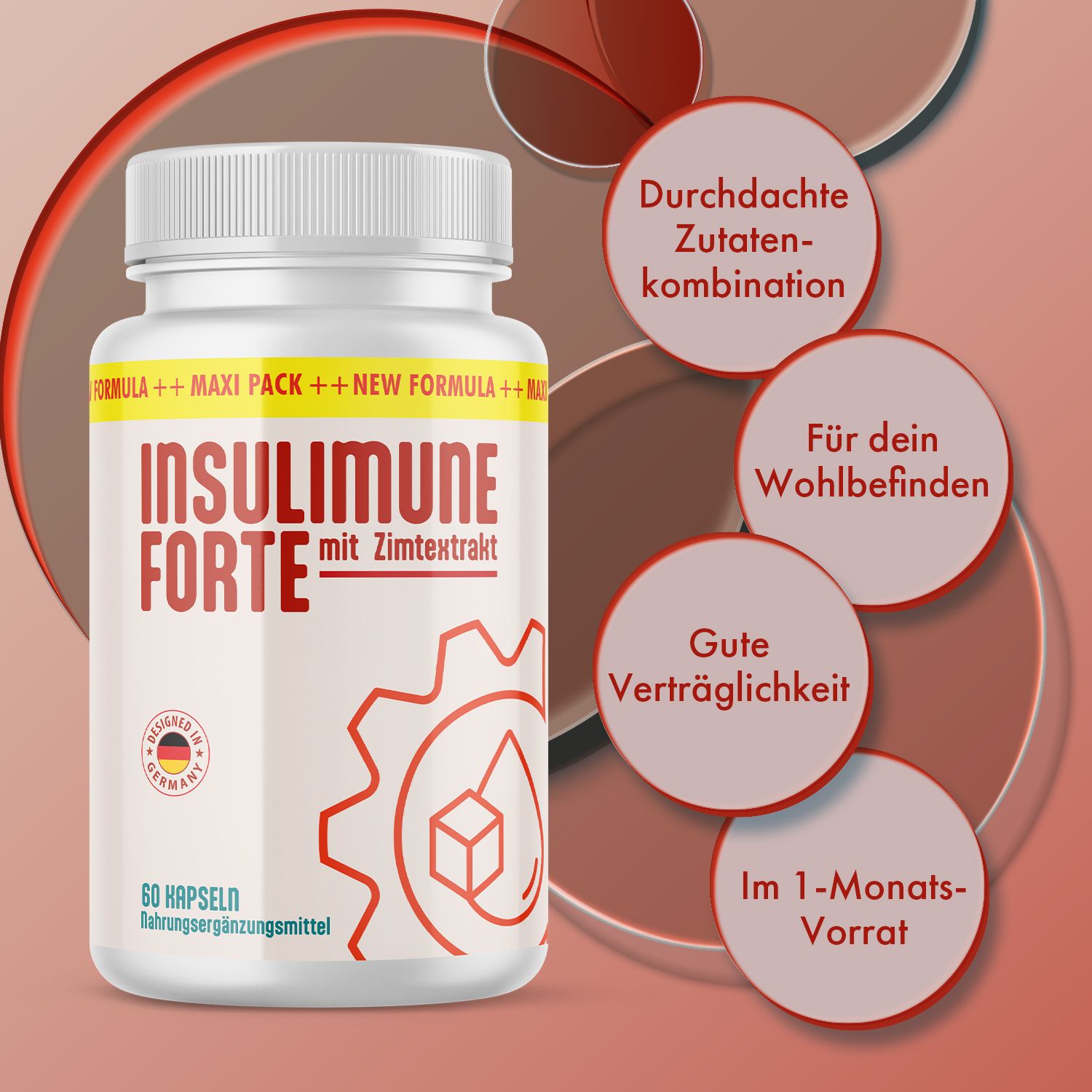 Flacone di capsule bianco con testo rosso e giallo. Scritta: INSULIMUNE FORTE con estratto di cannella. 60 capsule. Testi aggiuntivi.