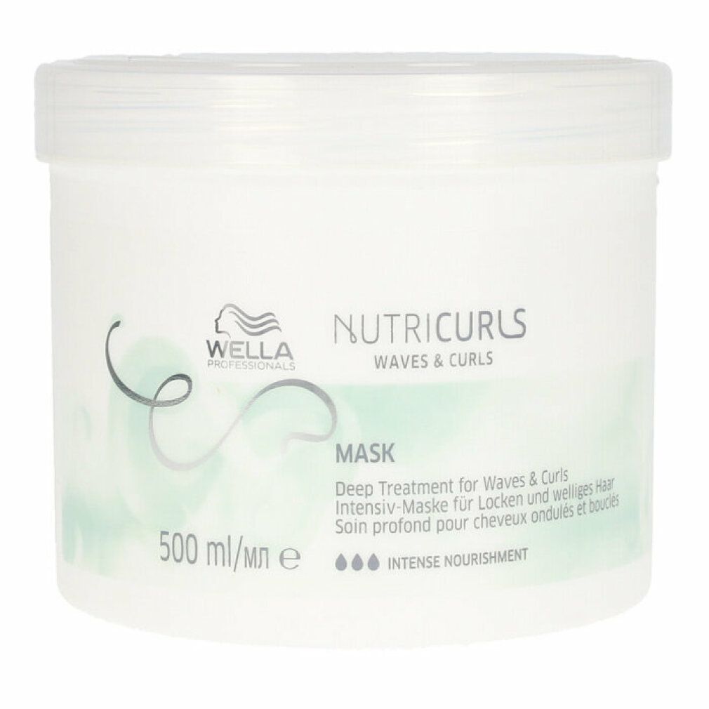 Barattolo bianco Wella Nutricurls Mask. Testo: Trattamento profondo per onde e ricci. 500 ml.