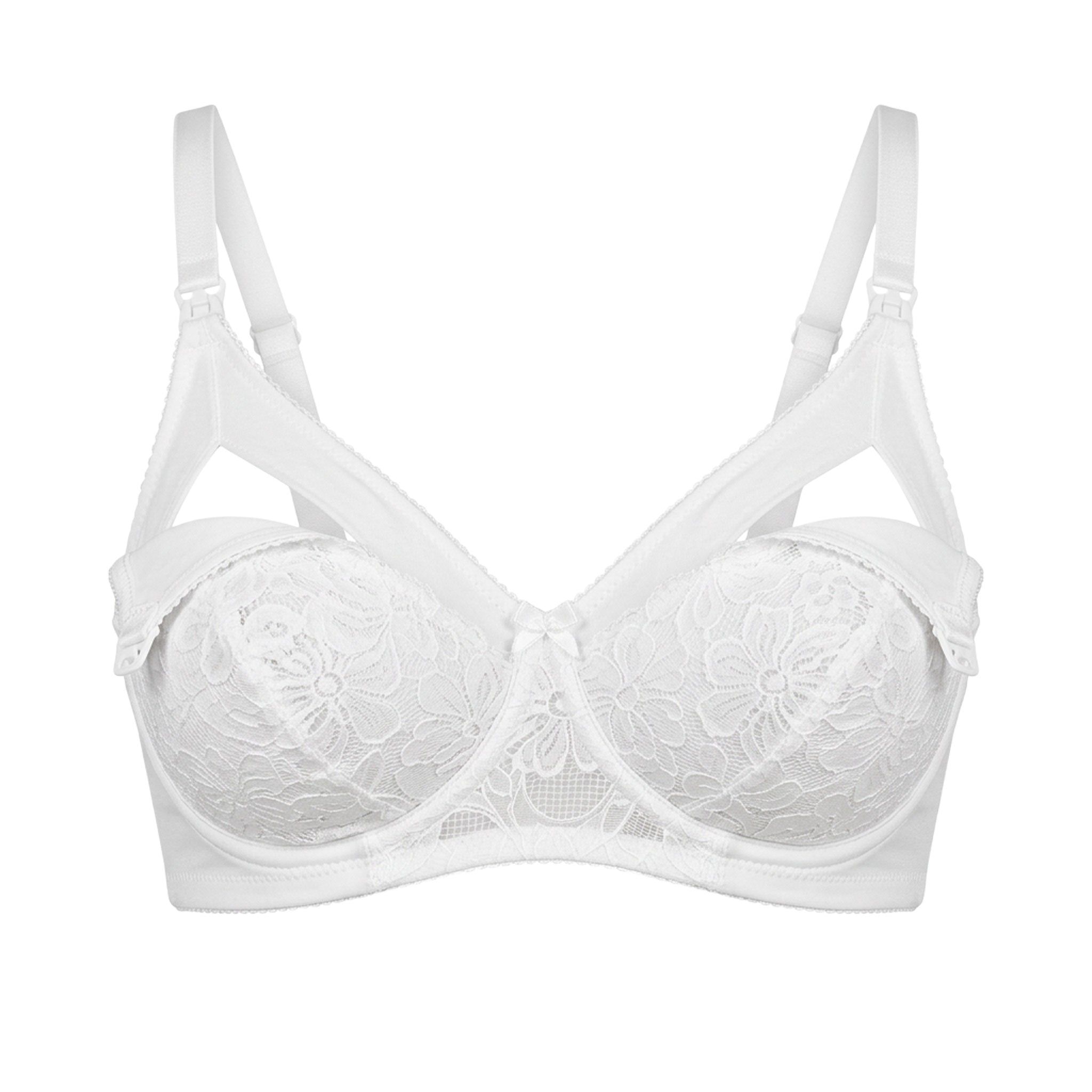 Reggiseno allattamento bianco con pizzo. Spalline regolabili, coppe floreali, fiocco tra le coppe.