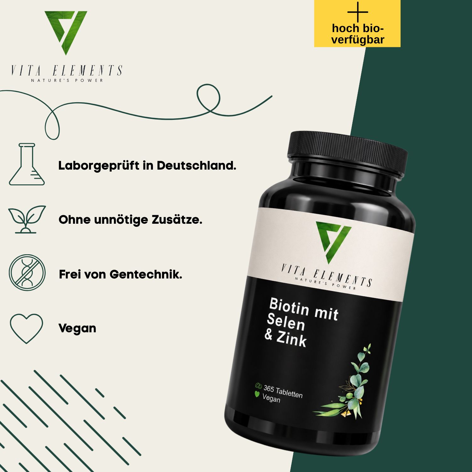Flacone Vita Elements Biotina con Selenio e Zinco, testato in lab, vegan.
