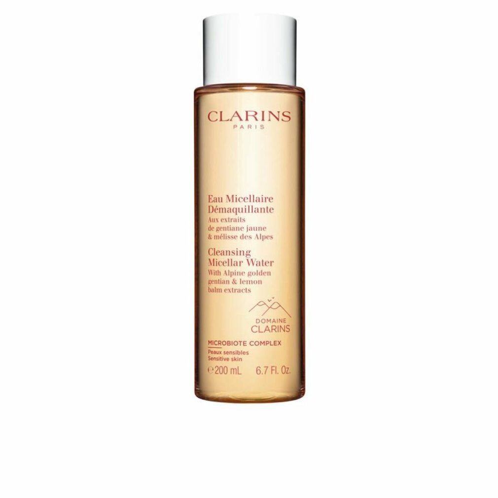 Flacone Clarins Acqua Micellare Detergente. Tappo bianco. Testo: Eau Micellaire, Cleansing Micellar Water. 200 ml.