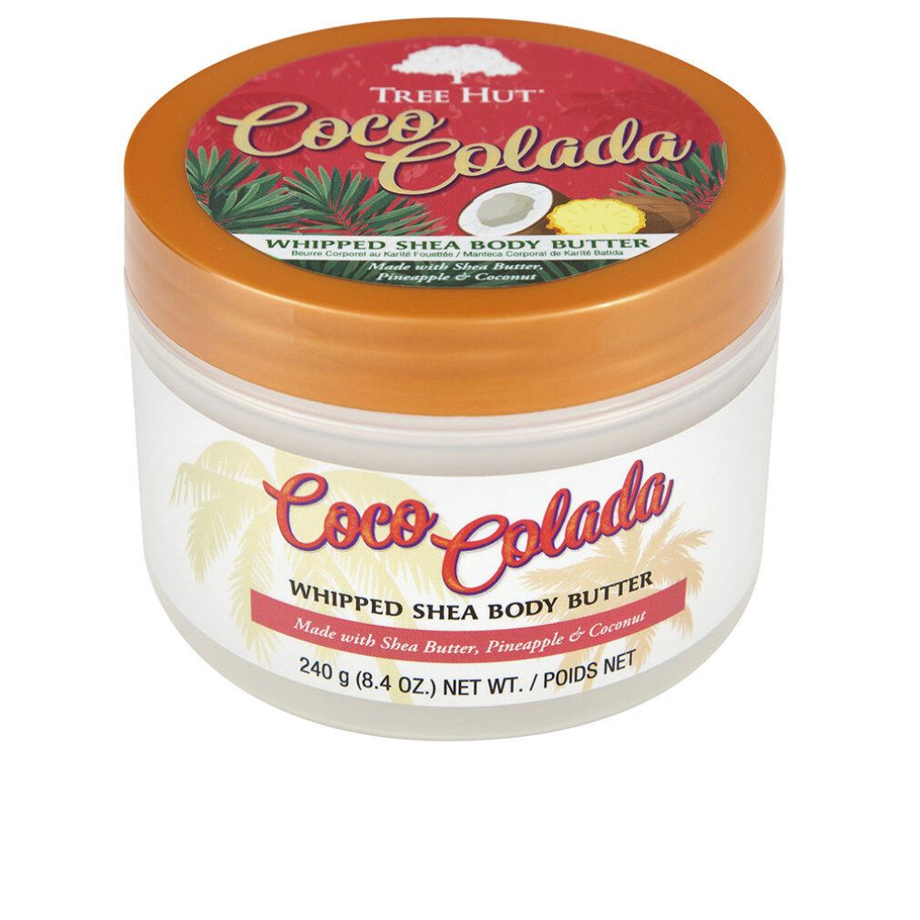 Barattolo di burro corpo montato Coco Colada. Coperchio rosso con nome del prodotto. Scritta: Whipped Shea Body Butter.