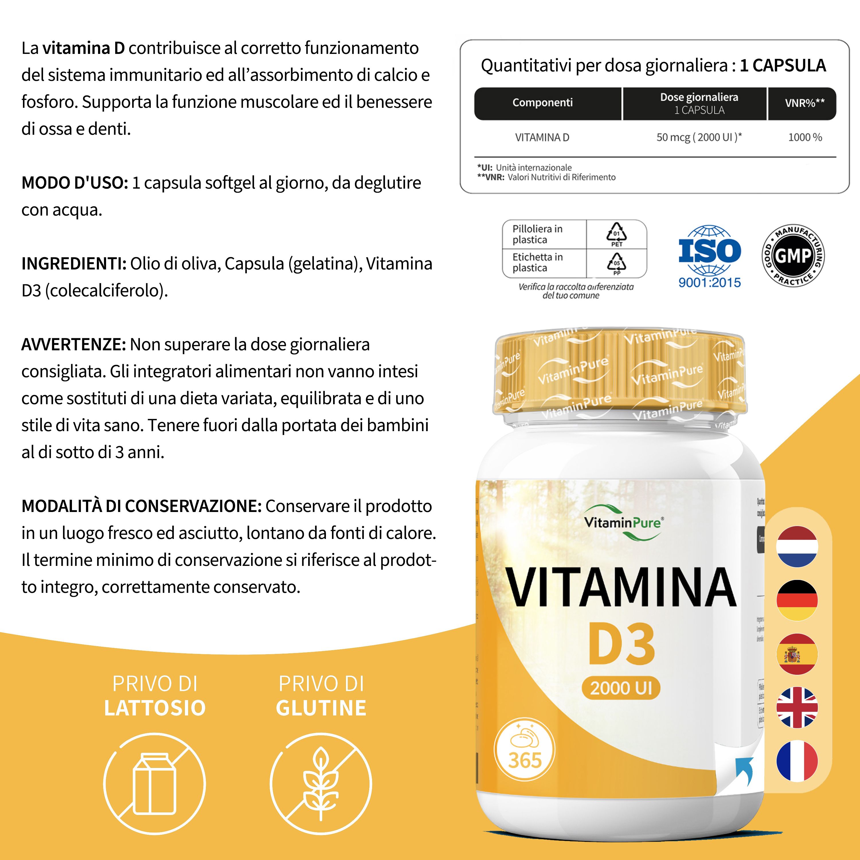 Flacone Vitamina D3 2000 UI. Senza lattosio e glutine. Certificato GMP.
