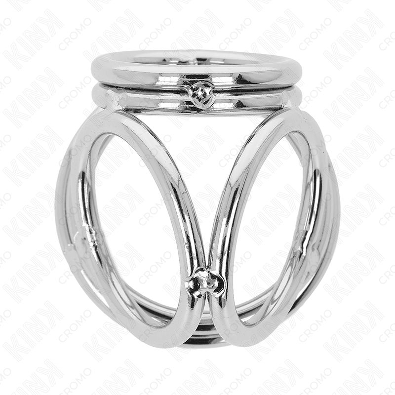 Anello per pene in metallo con tre anelli, collegati da barre verticali.