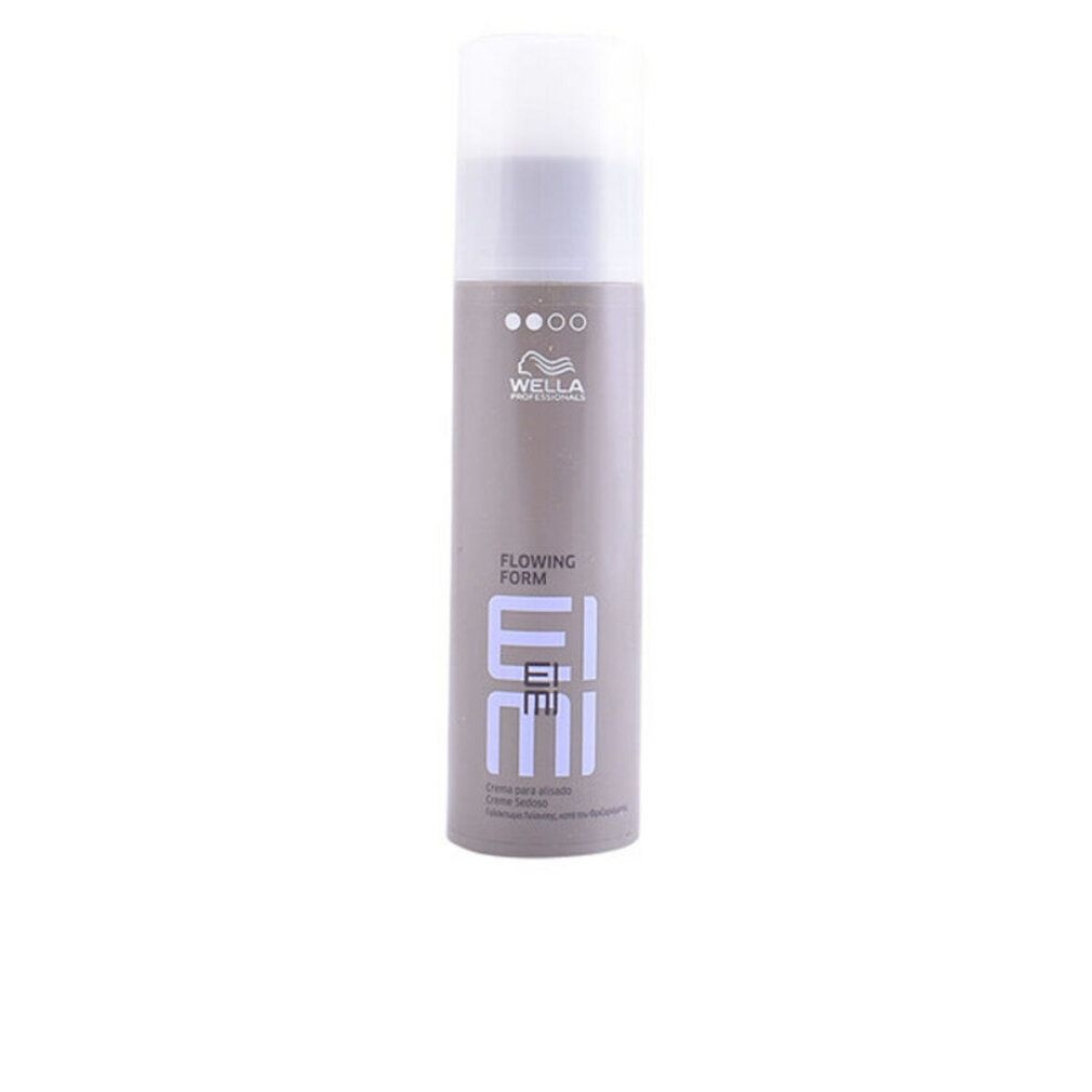 Flacone cilindrico con tappo bianco. Scritta: Wella Eimi Flowing Form. Prodotto antifrizz.