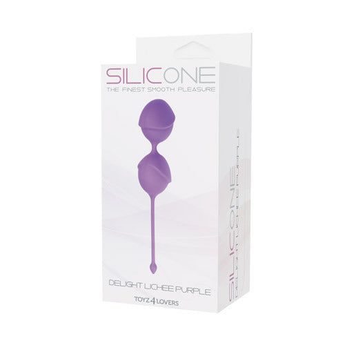 Prodotto in confezione bianca. Palle vaginali viola. Scritte: SILICONE, DELIGHT LICHEE PURPLE, TOYZ 4 LOVERS.