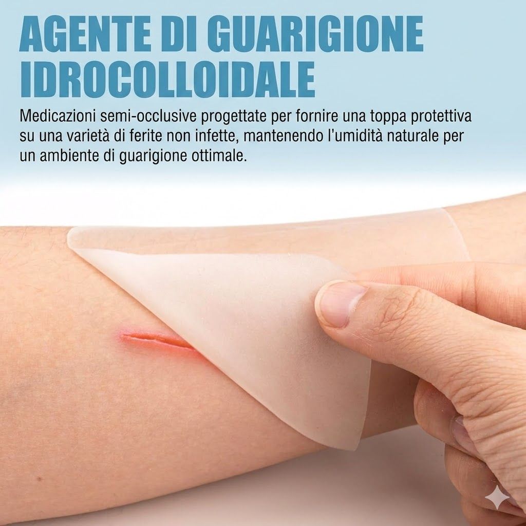 Medicazione idrocolloide sul braccio. Mostra una medicazione semi-occlusiva.