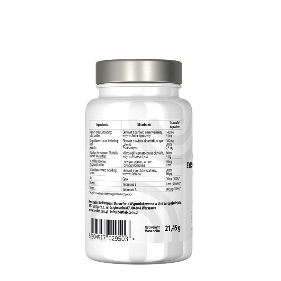 Retro di un flacone bianco con tappo argentato. Scritta: BEST LAB BEST EYESHIELD. Contiene ingredienti e informazioni nutrizionali.