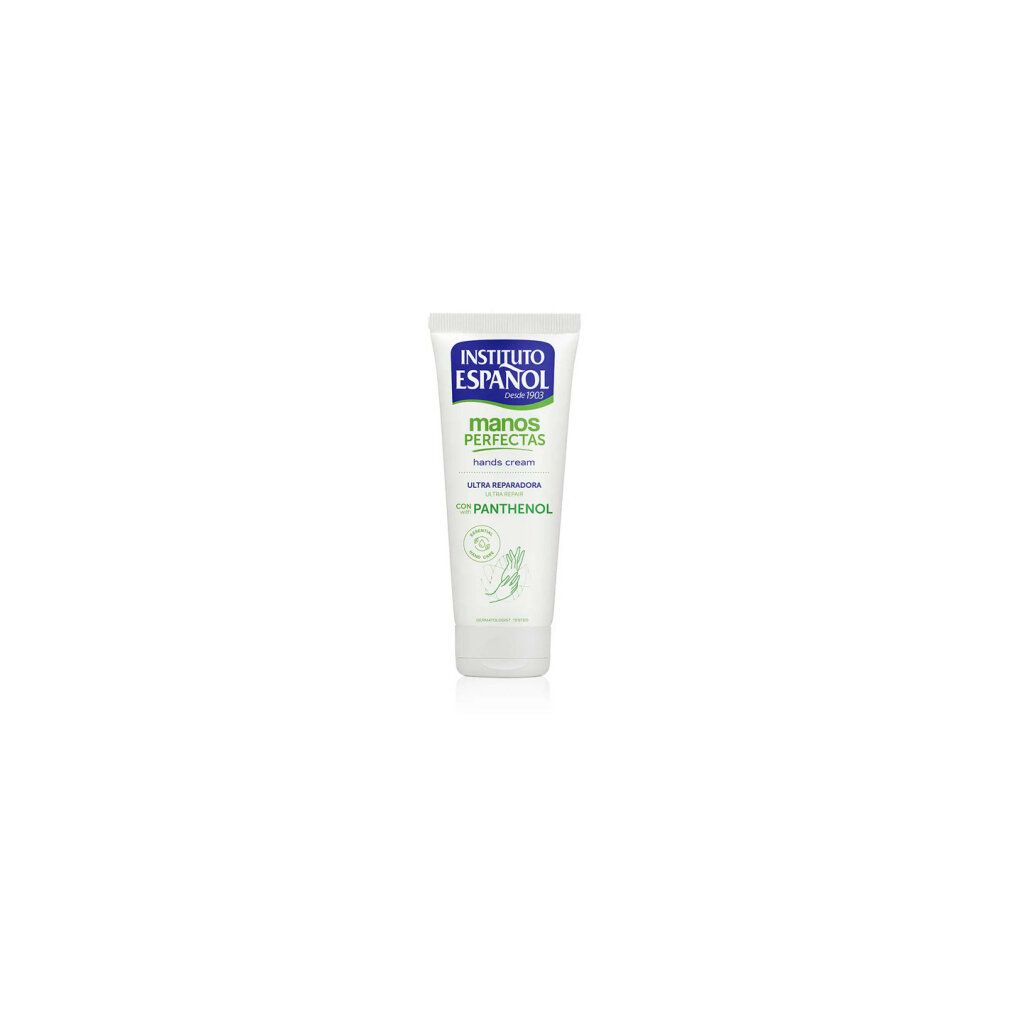 Tubo bianco con etichetta blu e verde. Scritta: Instituto Español, Manos Perfectas, Ultra Reparadora, con Panthenol.