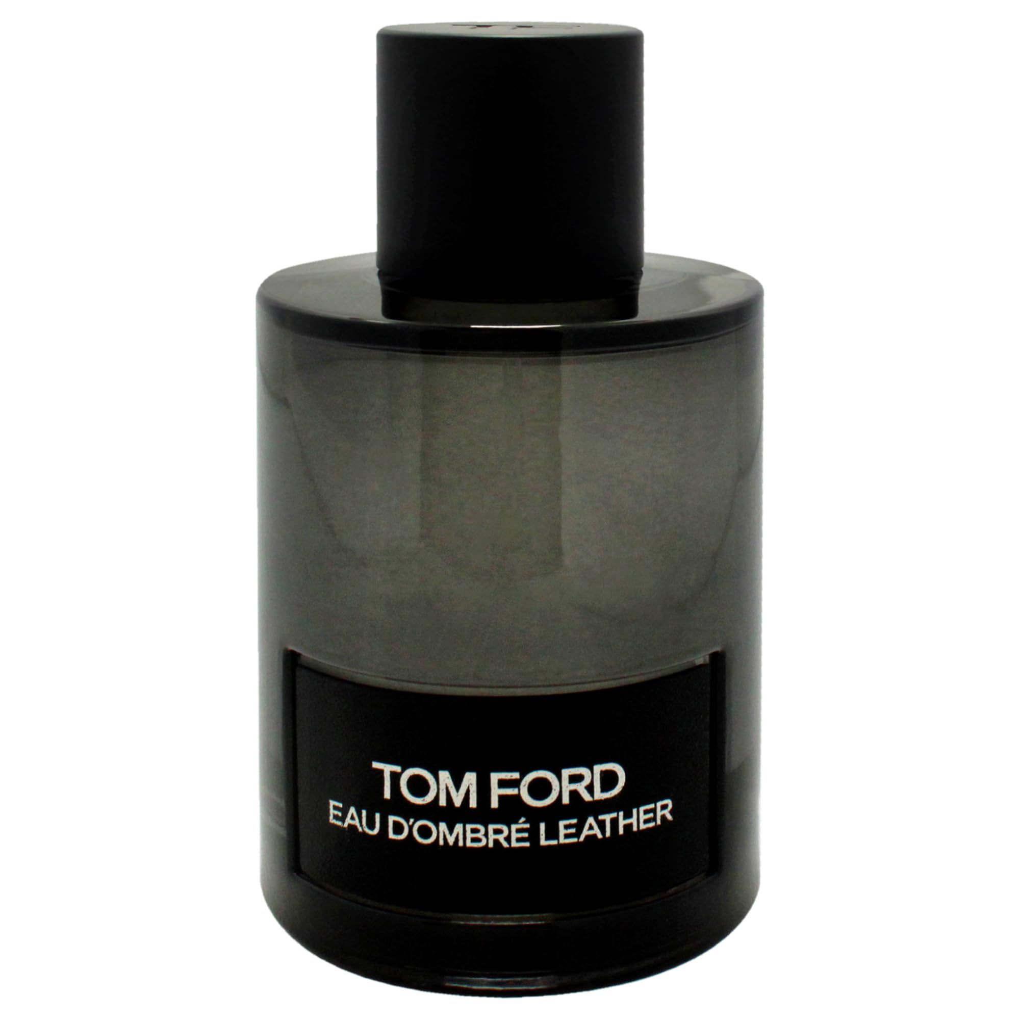 Flacone in vetro grigio con tappo nero. Scritta: TOM FORD EAU D'OMBRÉ LEATHER.