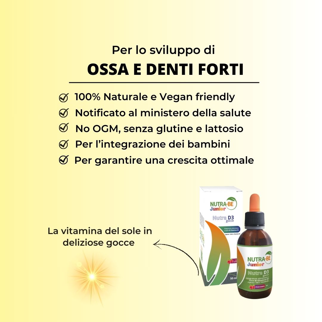 Immagine del prodotto con testo. Flacone e confezione di Nutra-BE Junior Nutra D3 gocce. Testo: Per lo sviluppo di ossa e denti forti.