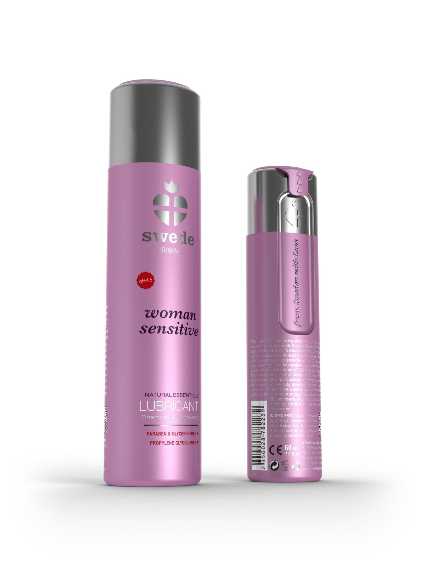 Due flaconi rosa con tappi argentati. Scritta: Swede, woman sensitive, Lubricant. pH 4.5.