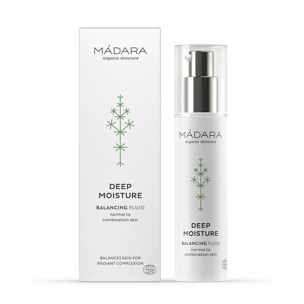 Flacone bianco con pompa e scatola. Scritta: MÁDARA, Deep Moisture, Balancing Fluid. Certificazione.