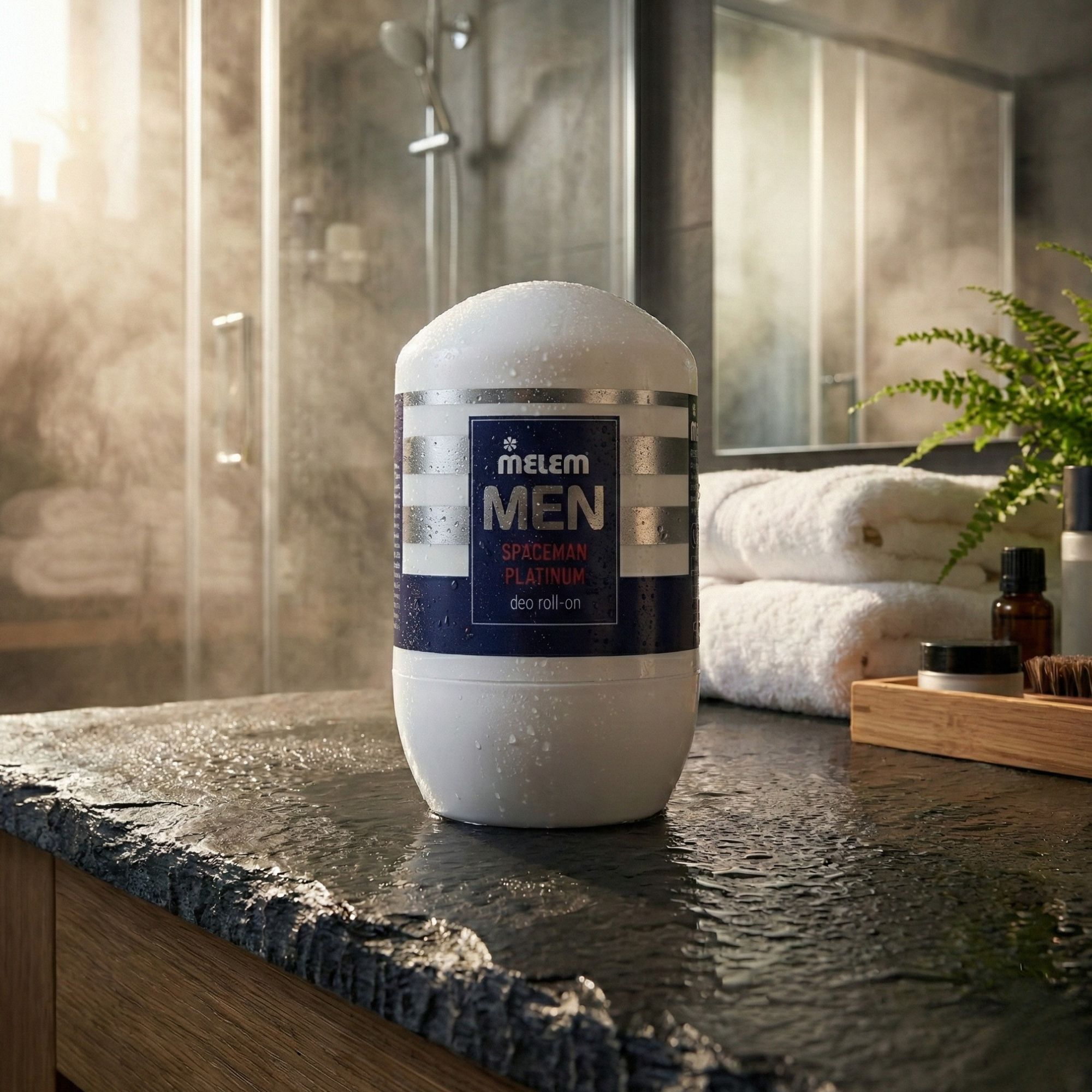 Deodorante roll-on bianco con scritte blu e argento. Posizionato su una superficie nera in un bagno.