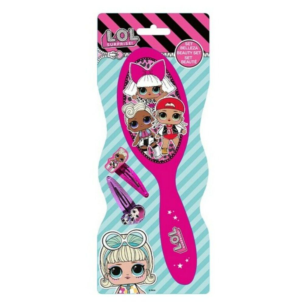 Spazzola per capelli rosa con tre fermagli. Personaggi dei cartoni animati sulla spazzola. Confezionato su sfondo blu.